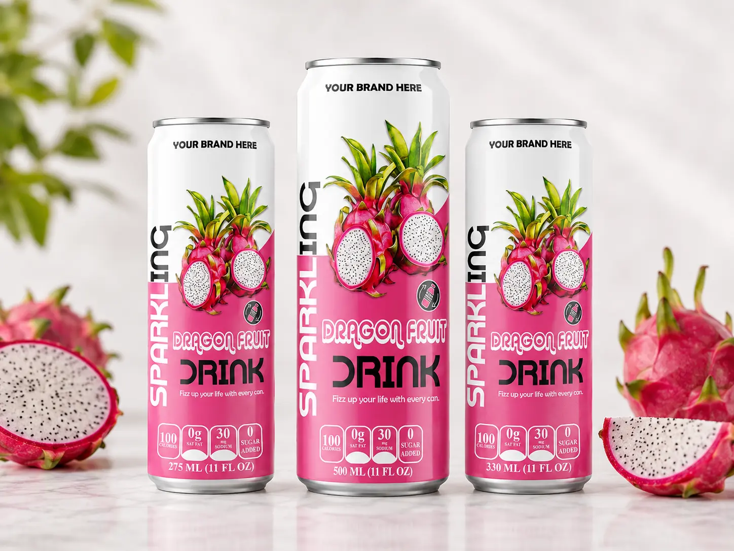 SPARKLING DRINK Dragon Fruit Flavored Drink in 275ml, 500ml, and 330ml cans.